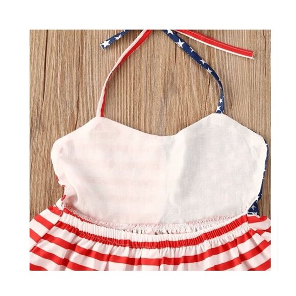 2pc Patriotic Girls Asymmetrical Halter Dress with Blue Jean Shorts Size 1-2Y-6Y - Picture 4 of 5